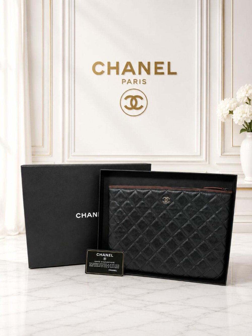 Authentic CHANEL CC Caviar Learher Quilted Cosmetic /Classic Clutch Bag
